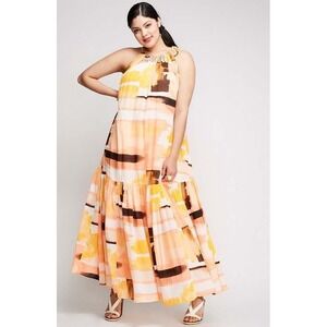 Lane Bryant Abstract Print Halter Maxi Dress Orange Yellow Rhinestone Plus 14/16